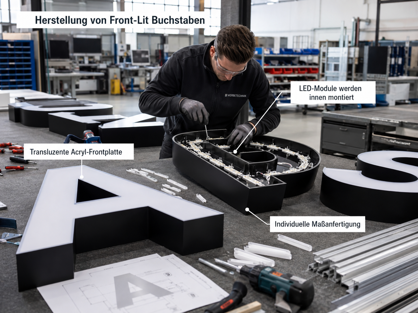 Mitarbeiter montiert in einer Werkstatt LED-Module in ein großes schwarzes Front-lit Leuchtbuchstaben‑Gehäuse, daneben transluzente Acrylfrontplatten.