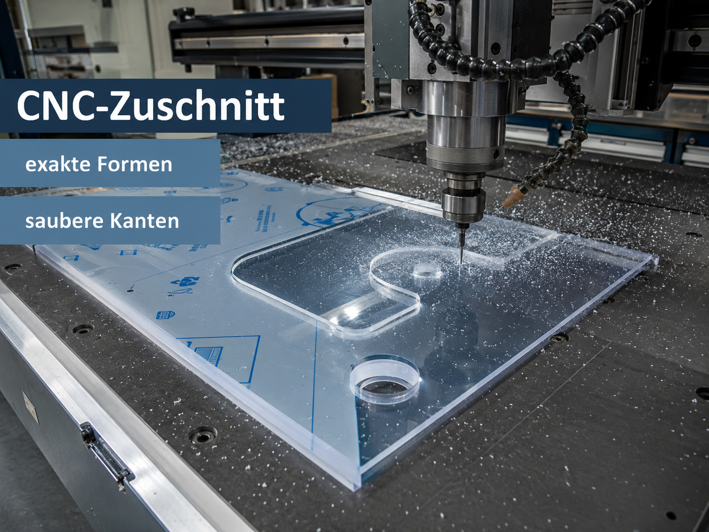 CNC-Fräse schneidet eine transparente Platte; Text: CNC-Zuschnitt, exakte Formen, saubere Kanten
