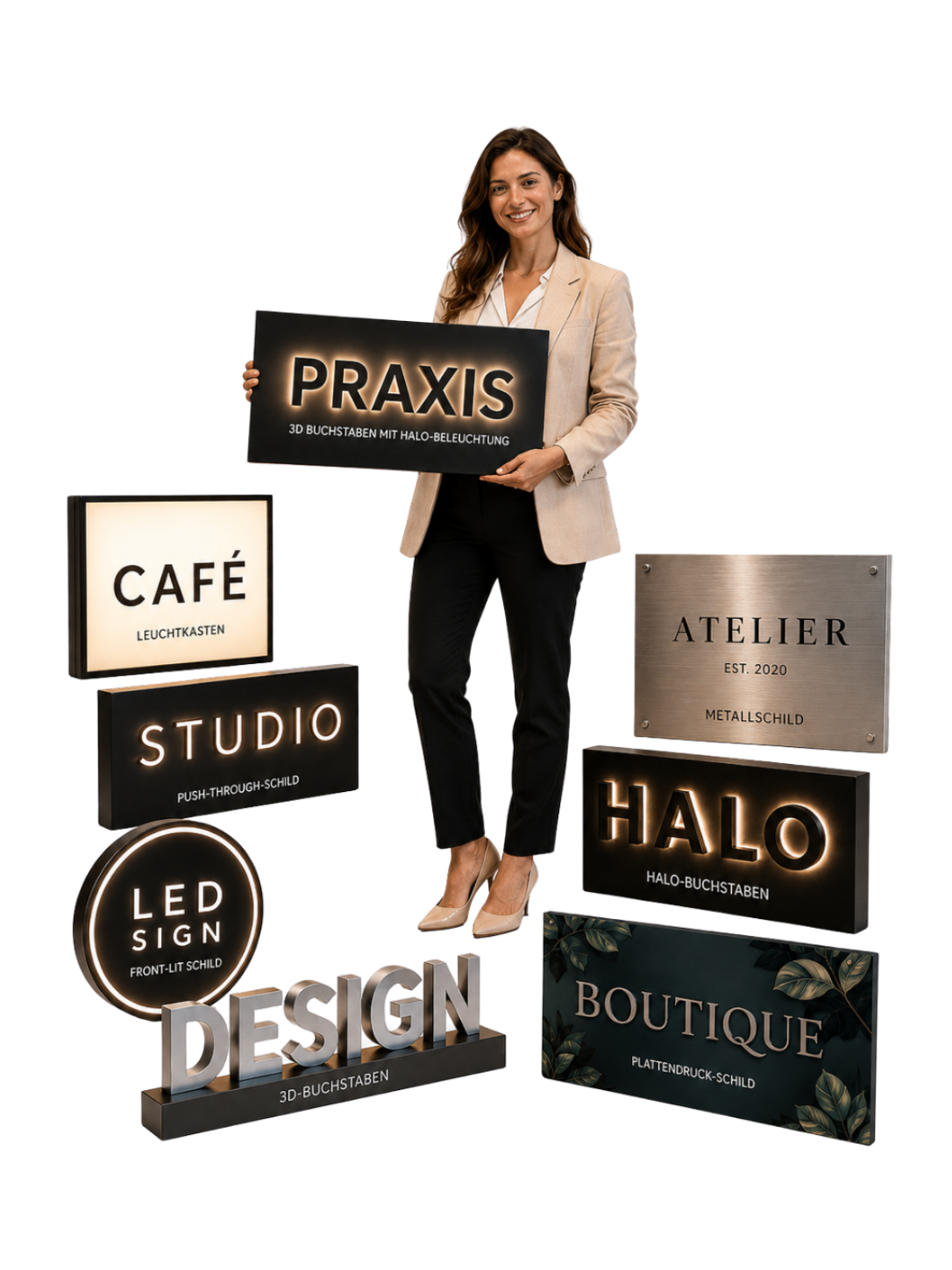 Frau in Business‑Kleidung hält beleuchtetes Schild „PRAXIS“, umgeben von diversen Schildermustern (CAFÉ, STUDIO, HALO, ATELIER, DESIGN, BOUTIQUE).