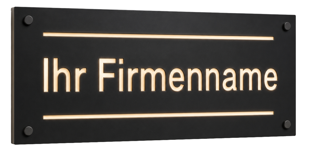 Schwarzes Leuchtschild mit ausgeschnittenem Text "Ihr Firmenname" und warmweißem Hintergrundlicht, montiert mit vier runden Haltern.