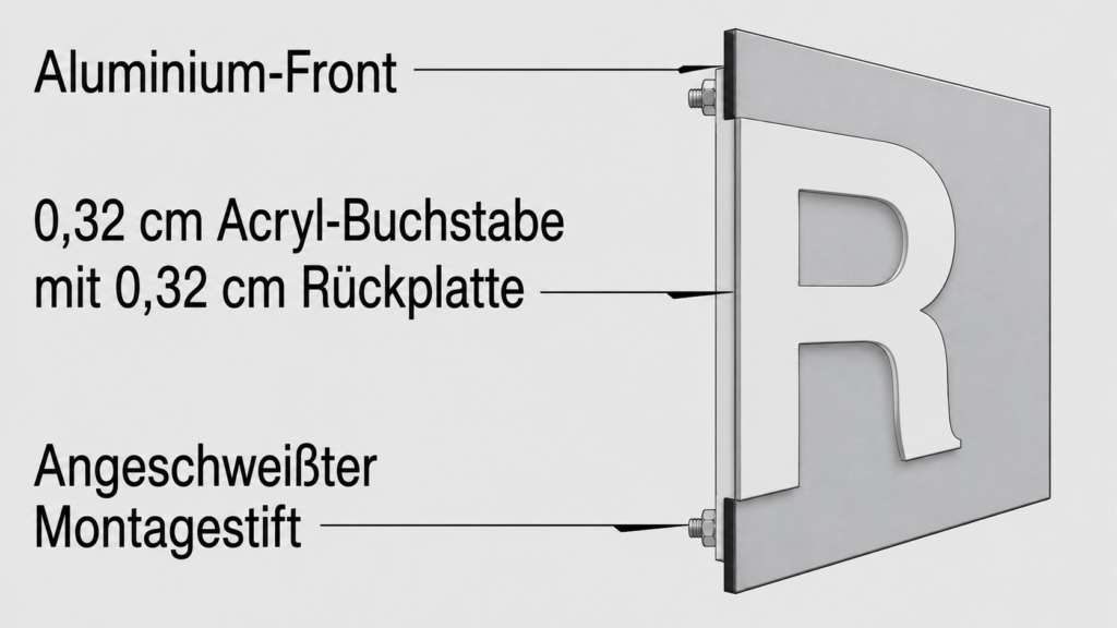 Querschnitt einer gebürsteten Aluminium-Frontplatte mit aufgesetztem 3,2 mm weißen Acrylbuchstaben und geschweißtem Montagebolzen.