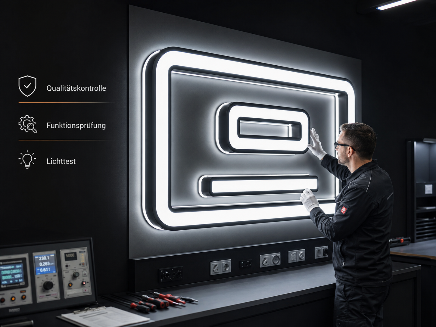 Techniker mit Handschuhen prüft leuchtende, geschwungene LED-Profile an einer Testwand in einem dunklen Labor, Messgeräte und Werkzeuge im Vordergrund.