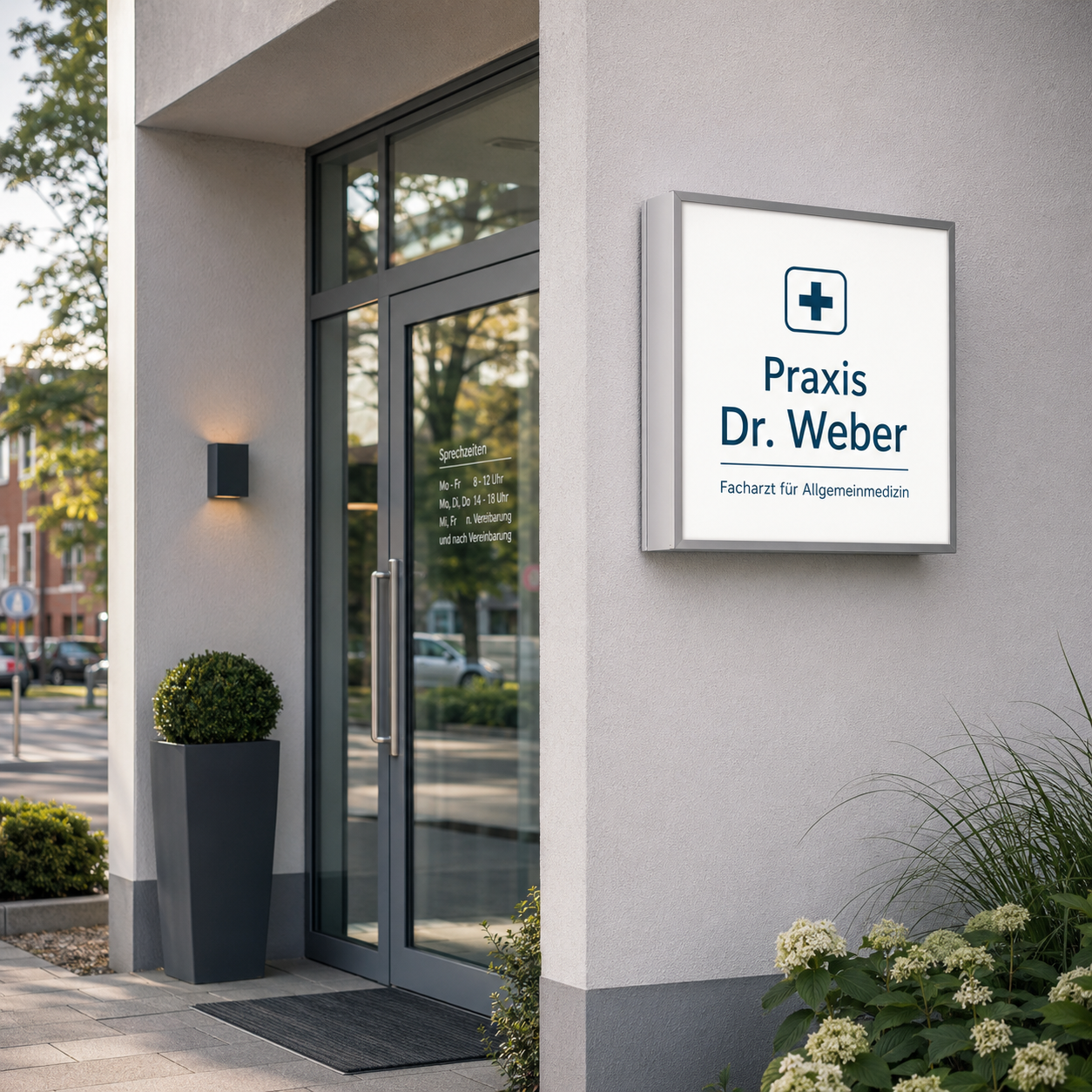 Eingang einer Hausarztpraxis mit Glas­tür, Pflanzkübel und beleuchtetem Schild "Praxis Dr. Weber, Facharzt für Allgemeinmedizin".