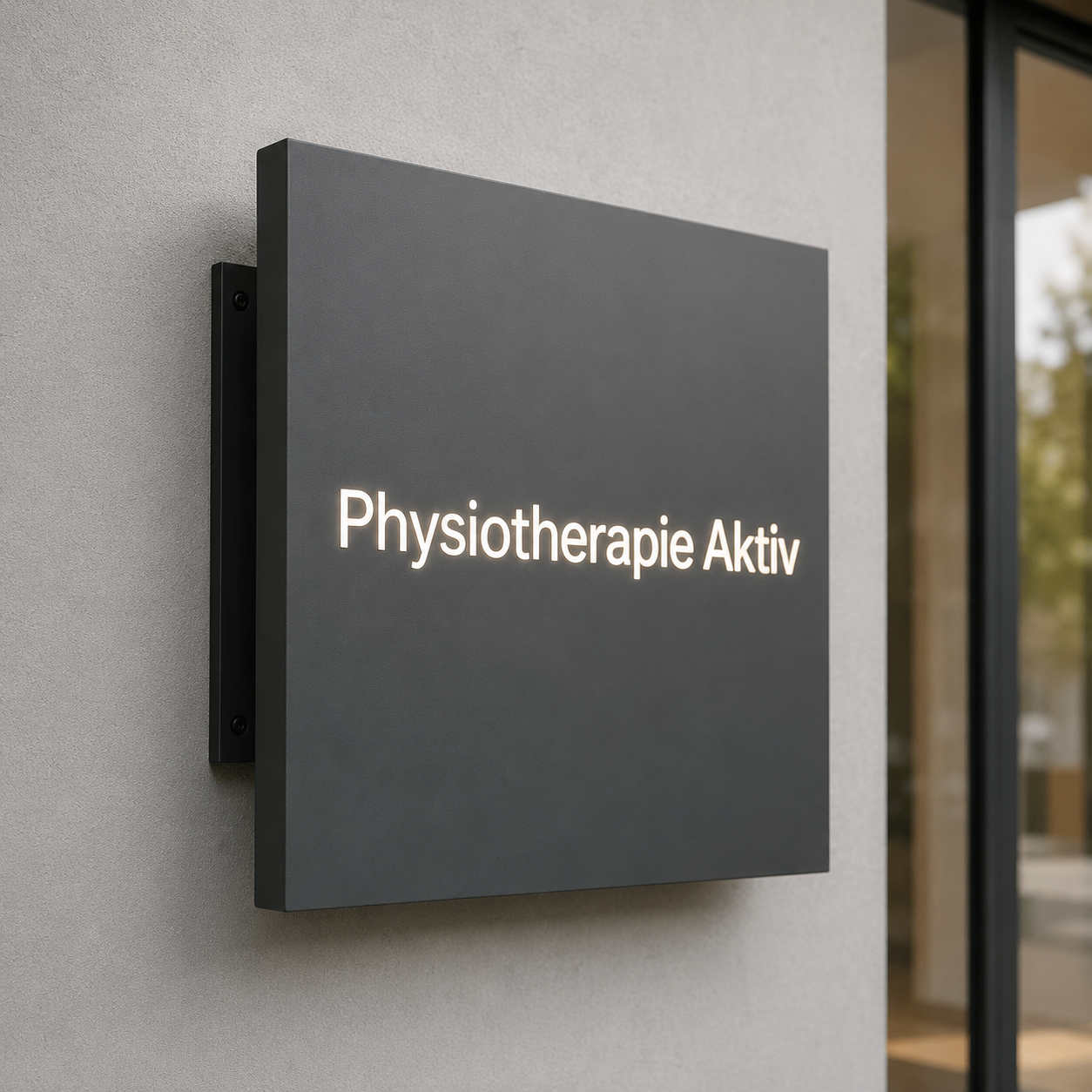 Dunkles, quadratisches Leuchtschild an Hauswand mit der hellen Aufschrift "Physiotherapie Aktiv".