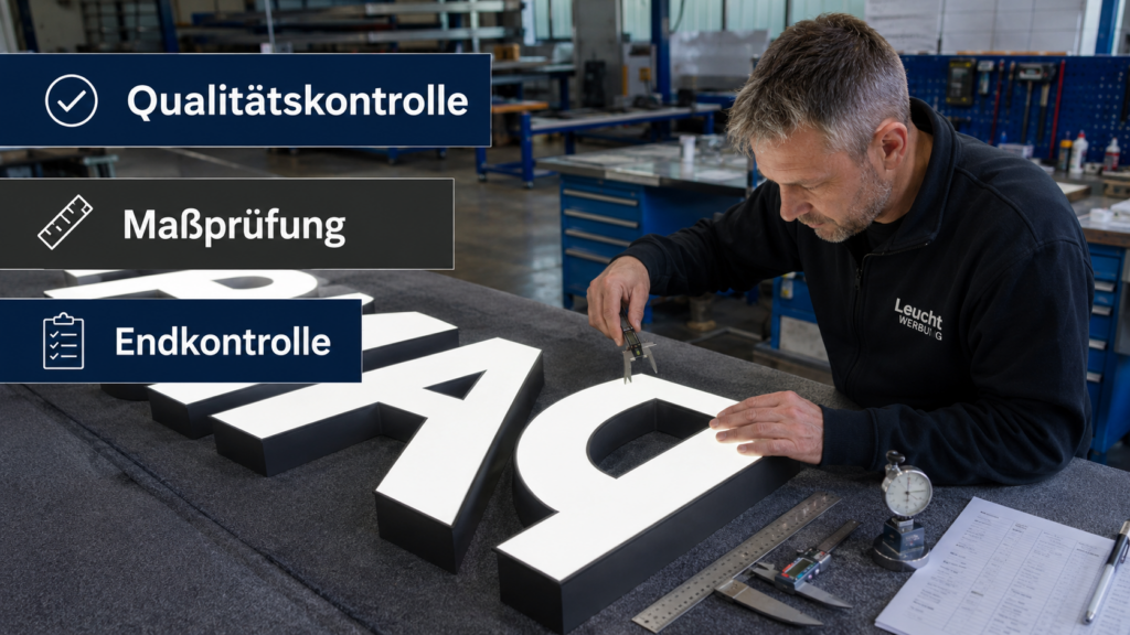 Mitarbeiter in Werkstatt misst mit Messschieber leuchtenden Buchstaben für Qualitätssicherung und Endkontrolle.