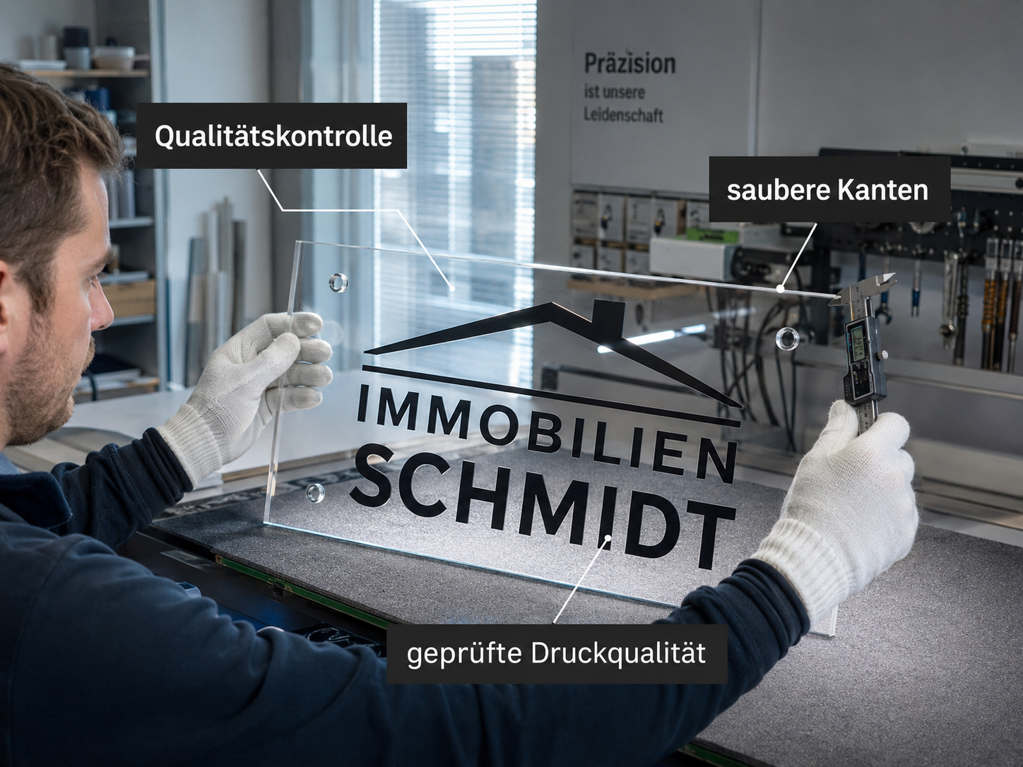 Mann mit Handschuhen prüft eine Glasplatte mit Logo; Beschriftungen zu Qualitätskontrolle und sauberen Kanten