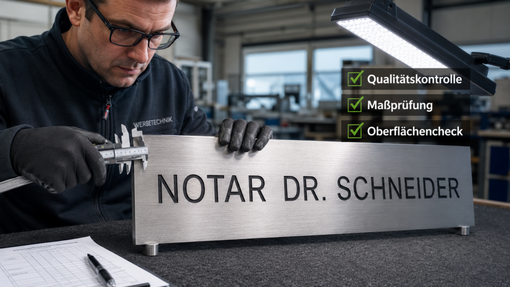 Mitarbeiter in Werkstatt misst Edelstahl-Schild mit Taschenmessschieber, auf Schild eingraviert: NOTAR DR. SCHNEIDER; Prüfliste mit Häkchen: Qualitätskontrolle, Maßprüfung, Oberflächencheck.