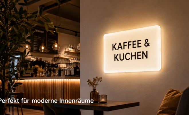Gemütliches Caféinterieur mit leuchtendem Wandschild „KAFFEE & KUCHEN“, Tresen mit Hängelampen und Tisch mit Vase im Vordergrund