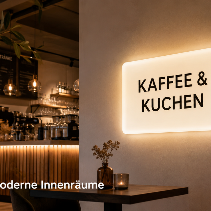 Gemütliches Caféinterieur mit leuchtendem Wandschild „KAFFEE & KUCHEN“, Tresen mit Hängelampen und Tisch mit Vase im Vordergrund