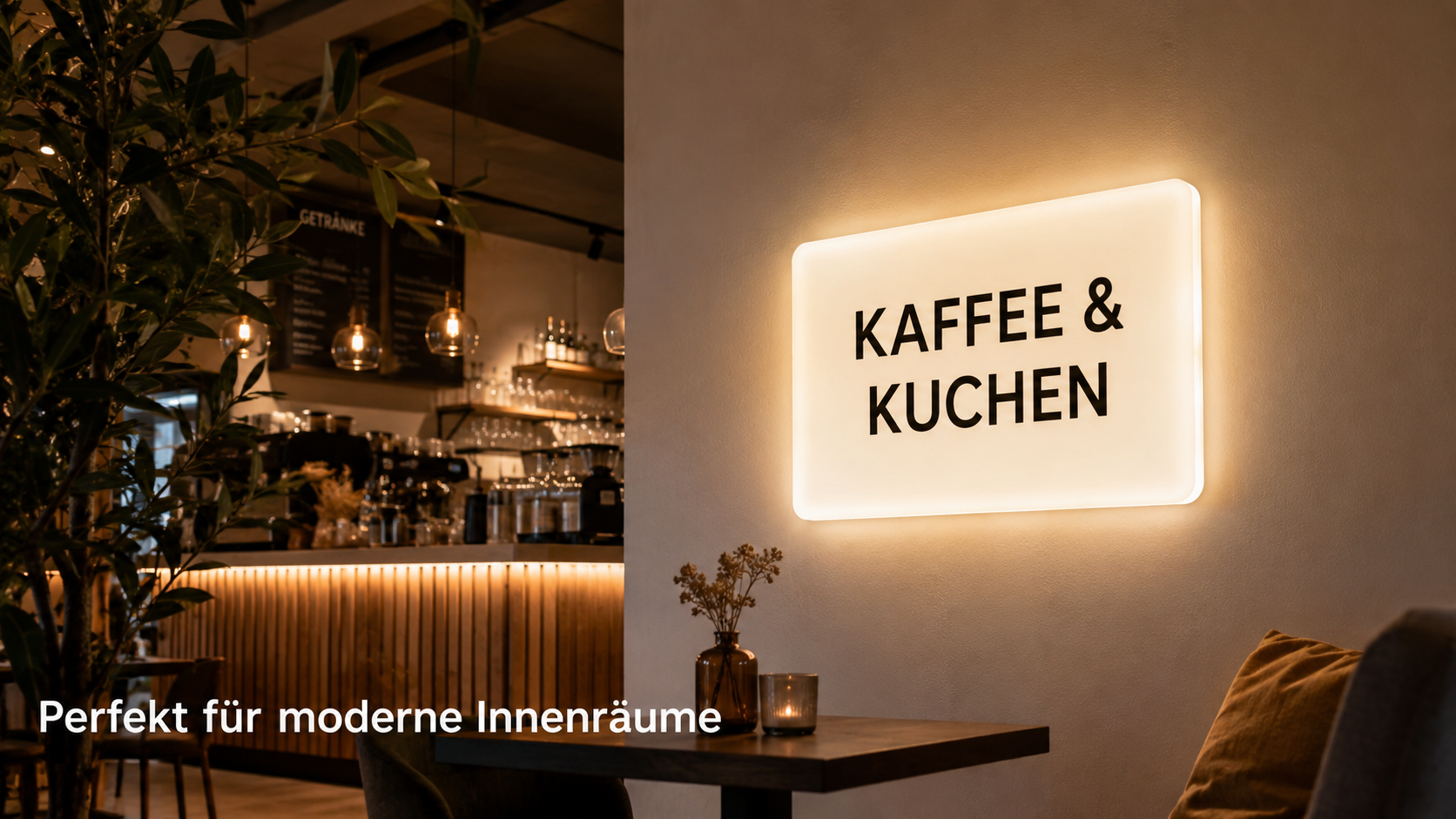 Gemütliches Caféinterieur mit leuchtendem Wandschild „KAFFEE & KUCHEN“, Tresen mit Hängelampen und Tisch mit Vase im Vordergrund