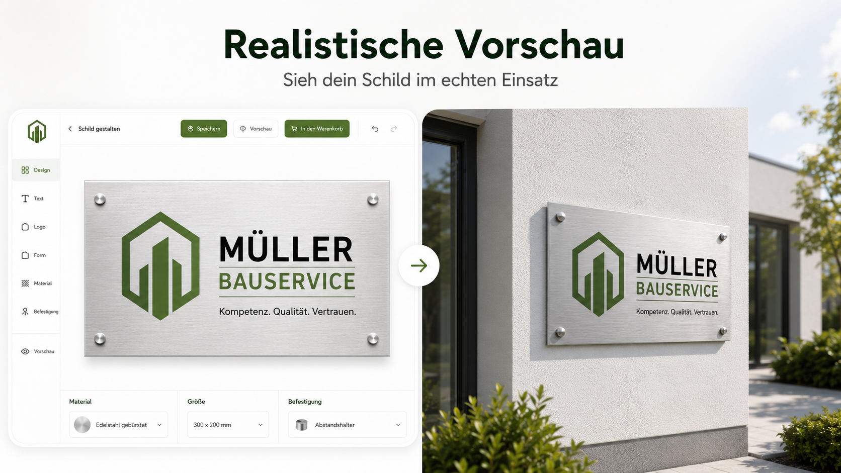 Szenenvergleich: links Design-Editor mit Edelstahl-Schild "Müller Bauservice" und rechts dieselbe Plakette montiert an einer Hauswand im Außenbereich.