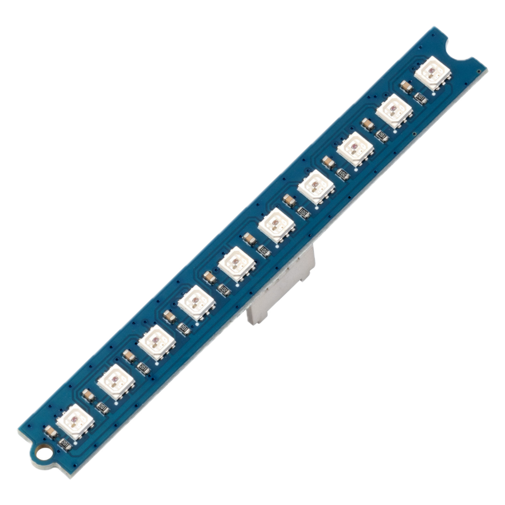 Blaue Leiterplatte mit einer Reihe weißer RGB-LEDs und SMD-Bauteilen, diagonal im Bild angeordnet.