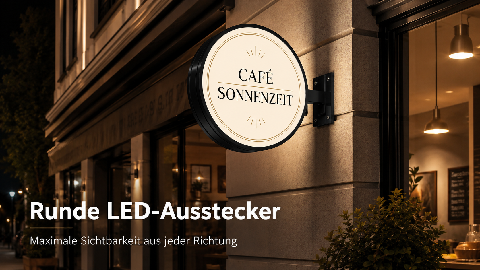 Rundes, beleuchtetes Café-Schild mit Aufschrift "CAFÉ SONNENZEIT" an Hausfassade, Nachtaufnahme einer Straßenfront mit warmem Innenlicht.