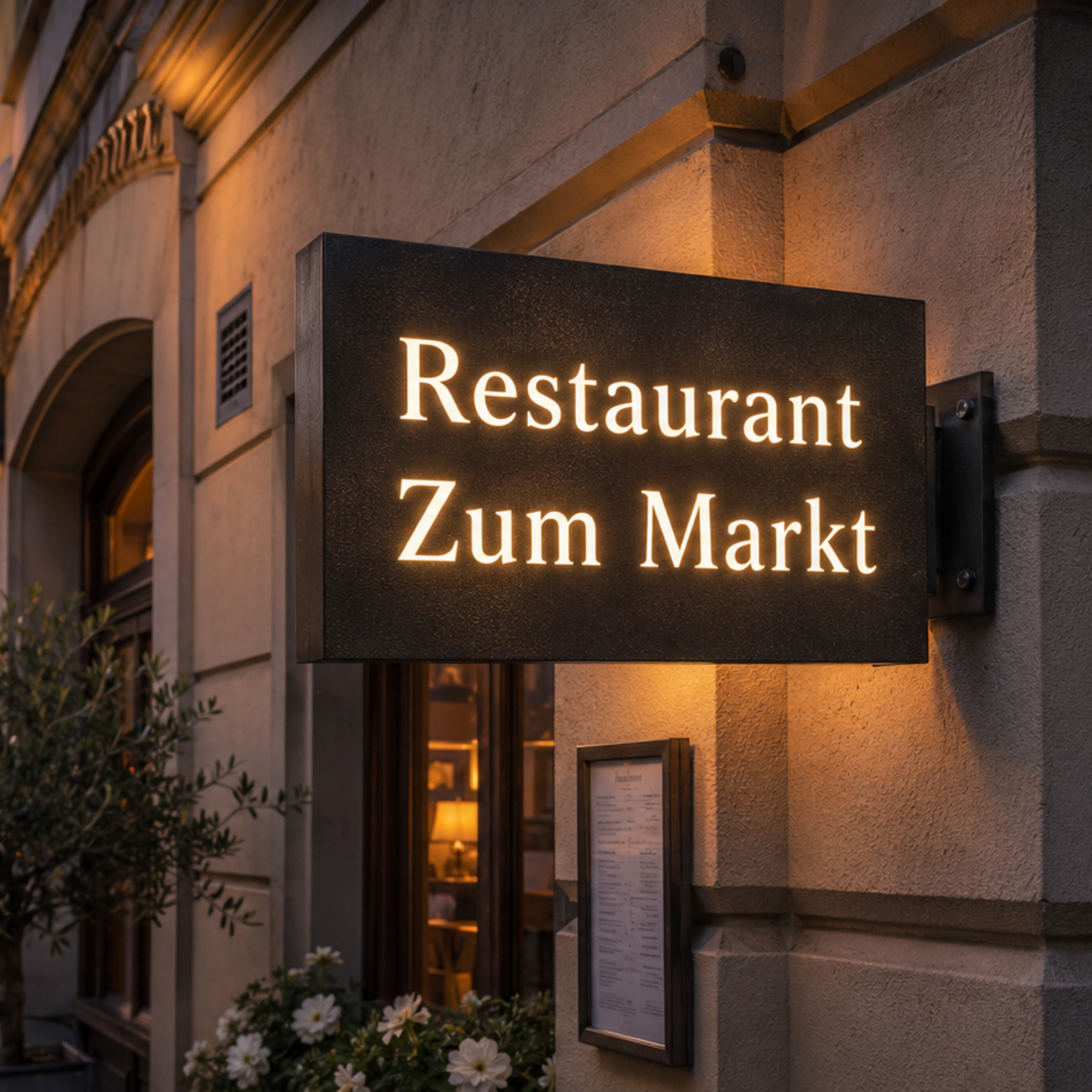 Leuchtendes Schild mit Aufschrift "Restaurant Zum Markt" an historischer Hausfassade in abendlicher Altstadtstraße.