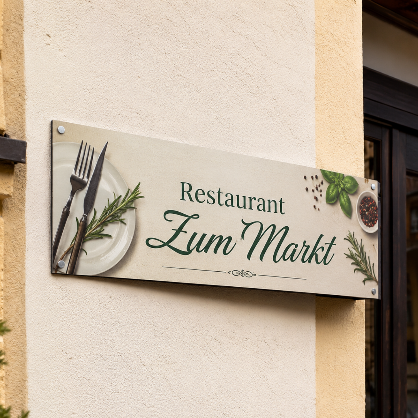 Schild mit der Aufschrift "Restaurant Zum Markt", dekoratives Besteck, Rosmarin und Gewürze auf hellem Hintergrund.