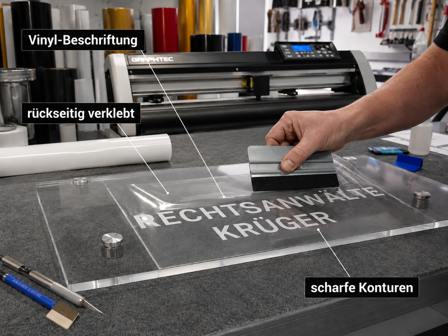 Vinyl-Beschriftung auf transparenter Platte wird mit Rakel aufgebracht, daneben ein Plotter im Werkstattumfeld