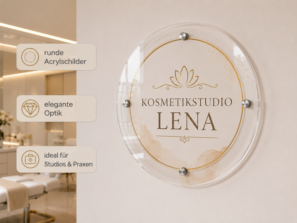 Rundes Acrylschild für Kosmetikstudio LENA mit goldener Lotusgrafik an einer hellen Wand