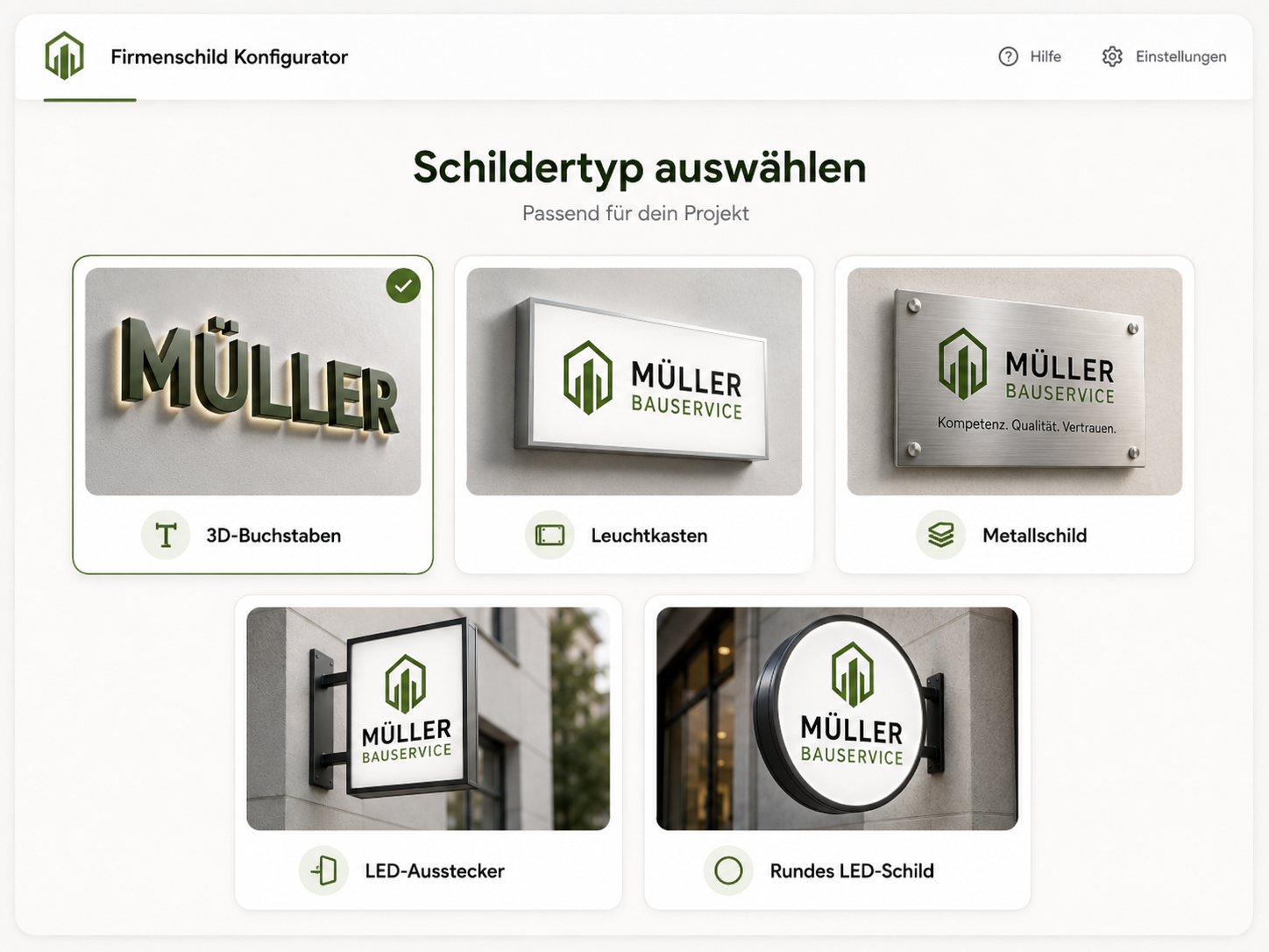 Auswahlseite eines Firmenschild-Konfigurators mit sechs Schildtypen (3D-Buchstaben, Leuchtkasten, Metallschild, LED-Ausstecker, rundes LED-Schild) und Beispiellogo "MÜLLER BAUSERVICE"