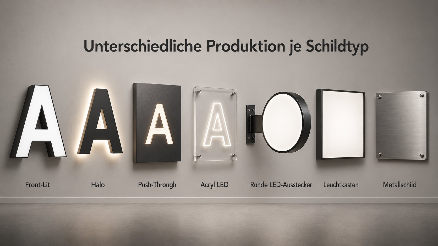 Sieben verschiedene beleuchtete und unbeleuchtete Schildertypen an einer Wand: Front-Lit, Halo, Push-Through, Acryl-LED, runder Ausstecker, Leuchtkasten und Metallschild.