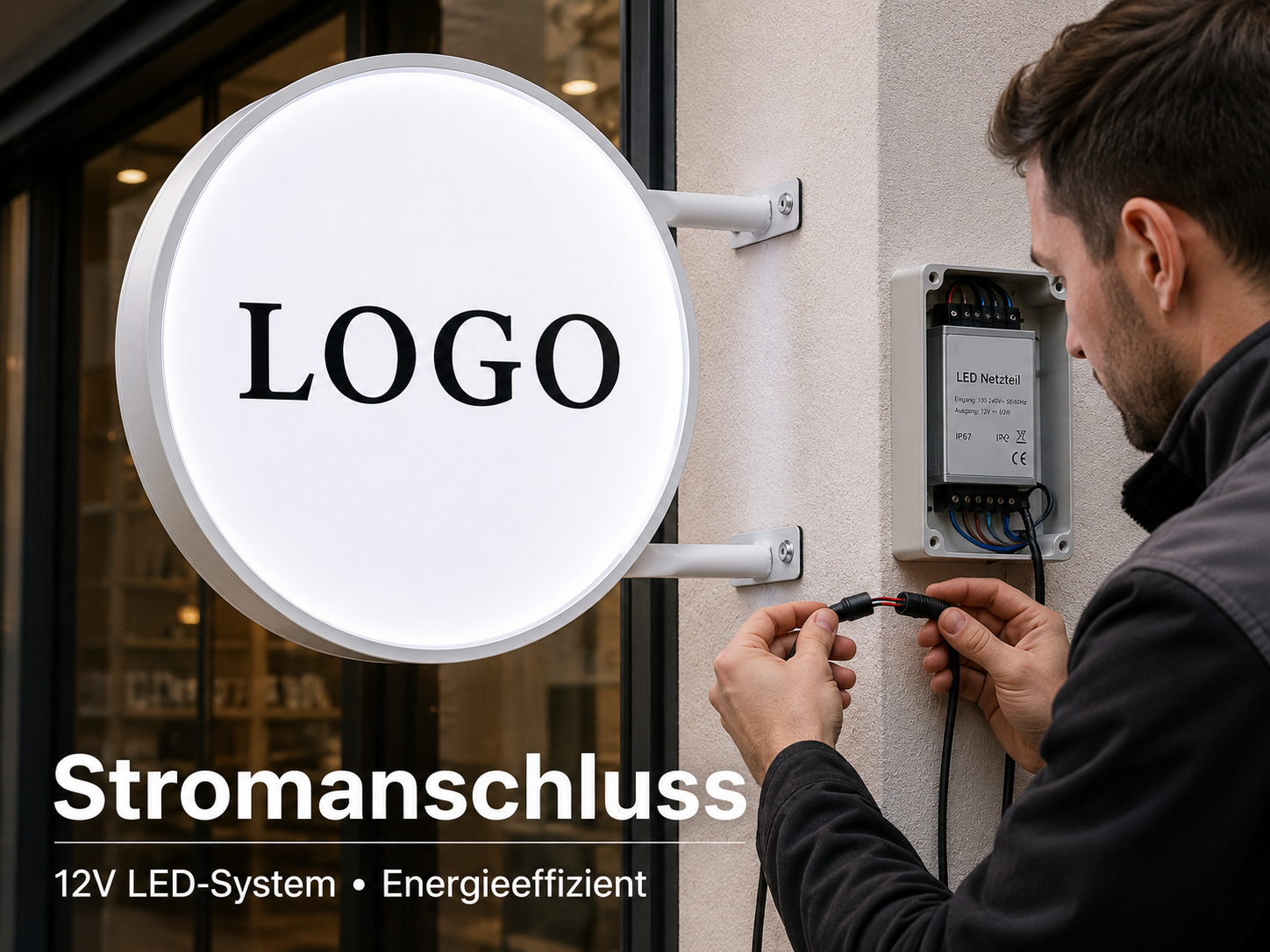 Rundes, beleuchtetes Schild mit Text "LOGO" an Hauswand, Mann verbindet Kabel zu offenem LED-Netzteil daneben.