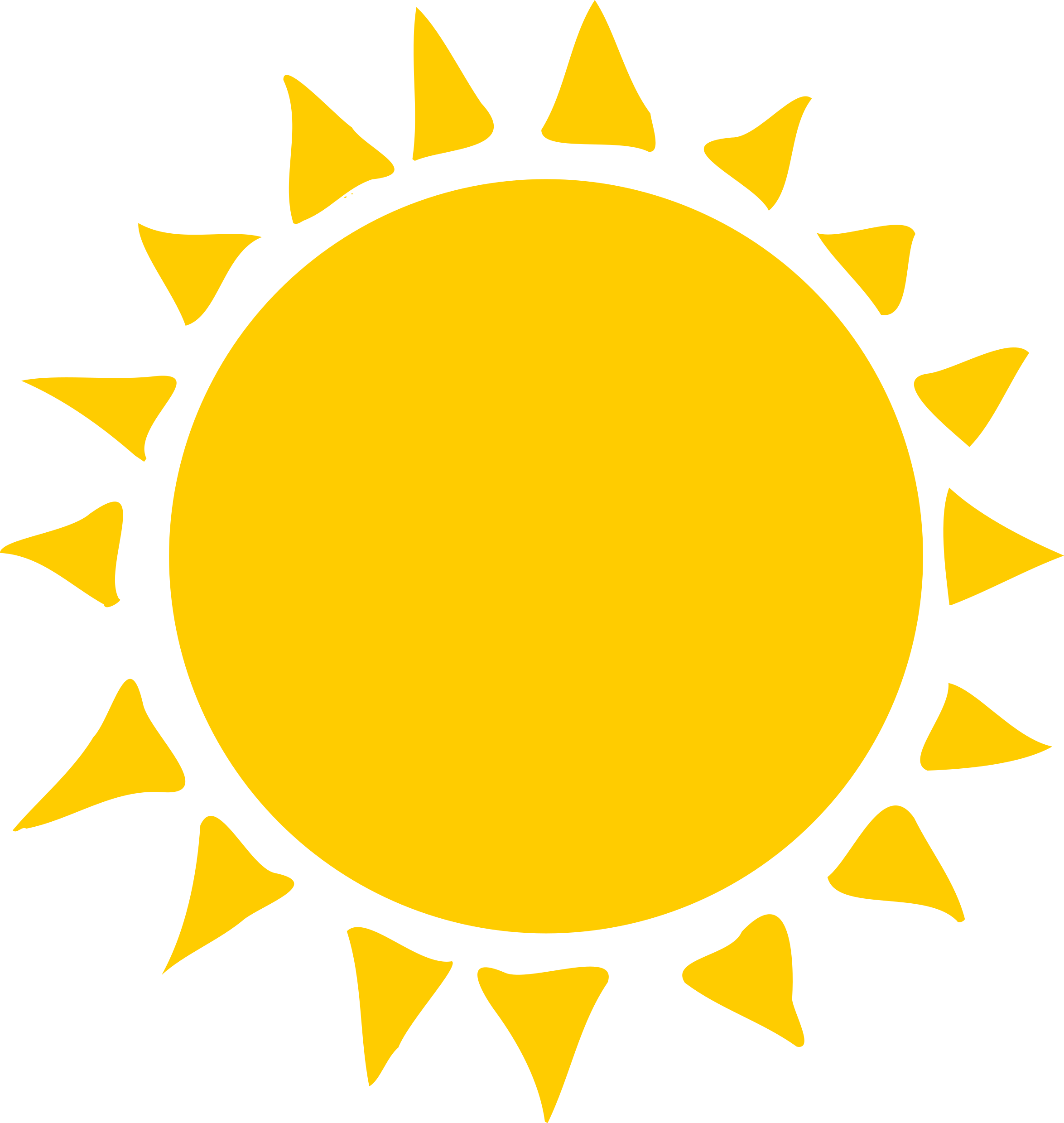 Gelbe stilisierte Sonne mit halbem Kreis und unregelmäßigen Dreieckstrahlen auf schwarzem Hintergrund