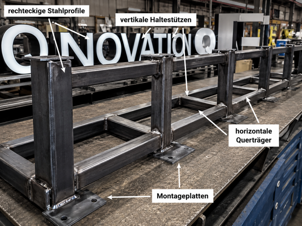 Beschrifteter Stahlrahmen mit rechteckigen Profilen, vertikalen Haltestützen, Querträgern und Montageplatten in einer Werkstatt