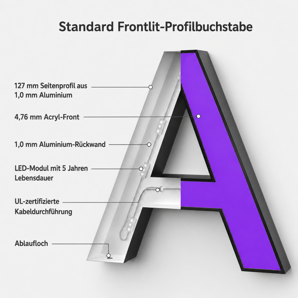 Großer Profilbuchstabe „A“ mit lila Acryl-Front, sichtbarem Aluminiumseitenprofil, LED-Module, Kabeldurchführung und Beschriftungs-Pfeilen.