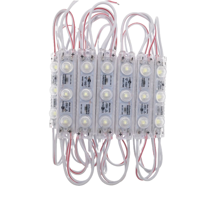 Sechs weiße LED-Modulstreifen mit jeweils drei runden LEDs, verbunden durch rote und weiße Anschlusskabel.