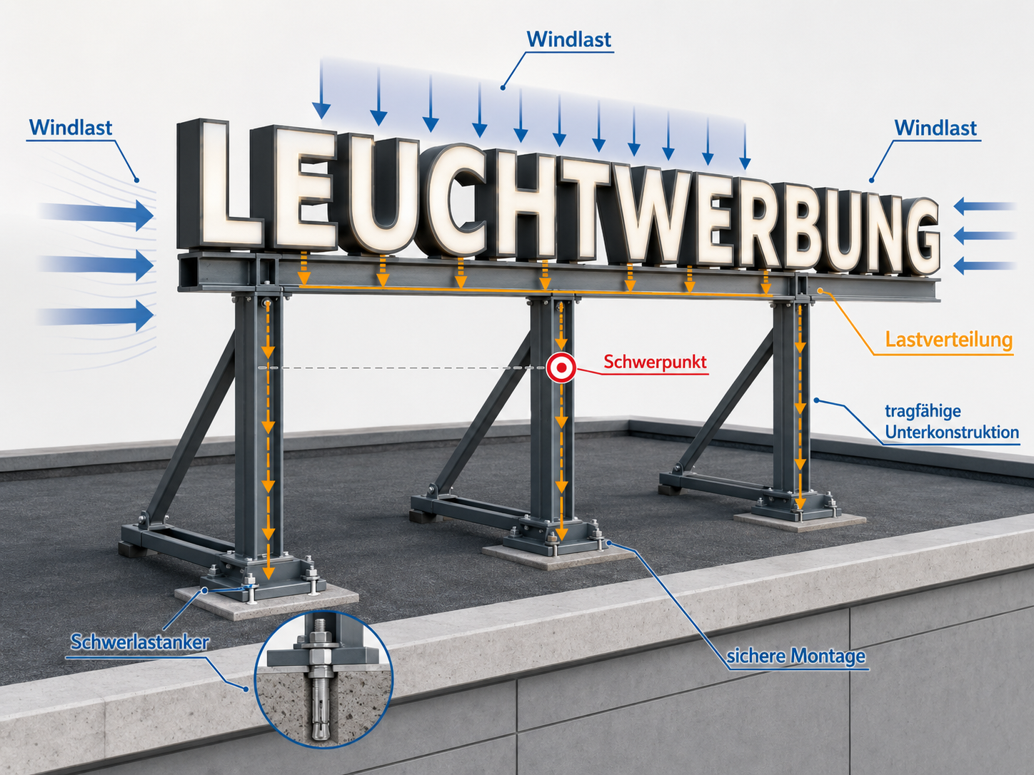 3D-Grafik einer Leuchtwerbung mit Windlast-Pfeilen, Lastverteilung, Schwerpunkt und tragfähiger Unterkonstruktion