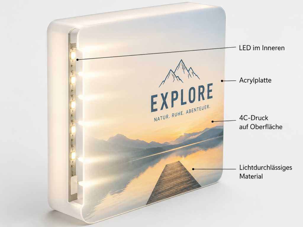 Rechteckige Leuchtbox mit Acrylfront und LED-Streifen, bedrucktem Motiv „EXPLORE“ über See und Steg, Beschriftungen zu Materialien.
