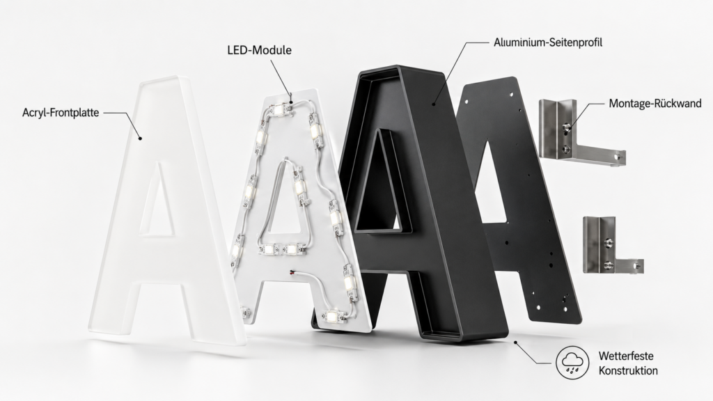 Explodierte Ansicht eines beleuchteten Buchstabens A mit Acryl-Frontplatte, LED-Modulen, schwarzem Aluminium-Gehäuse, Montage-Rückwand und wetterfester Konstruktion
