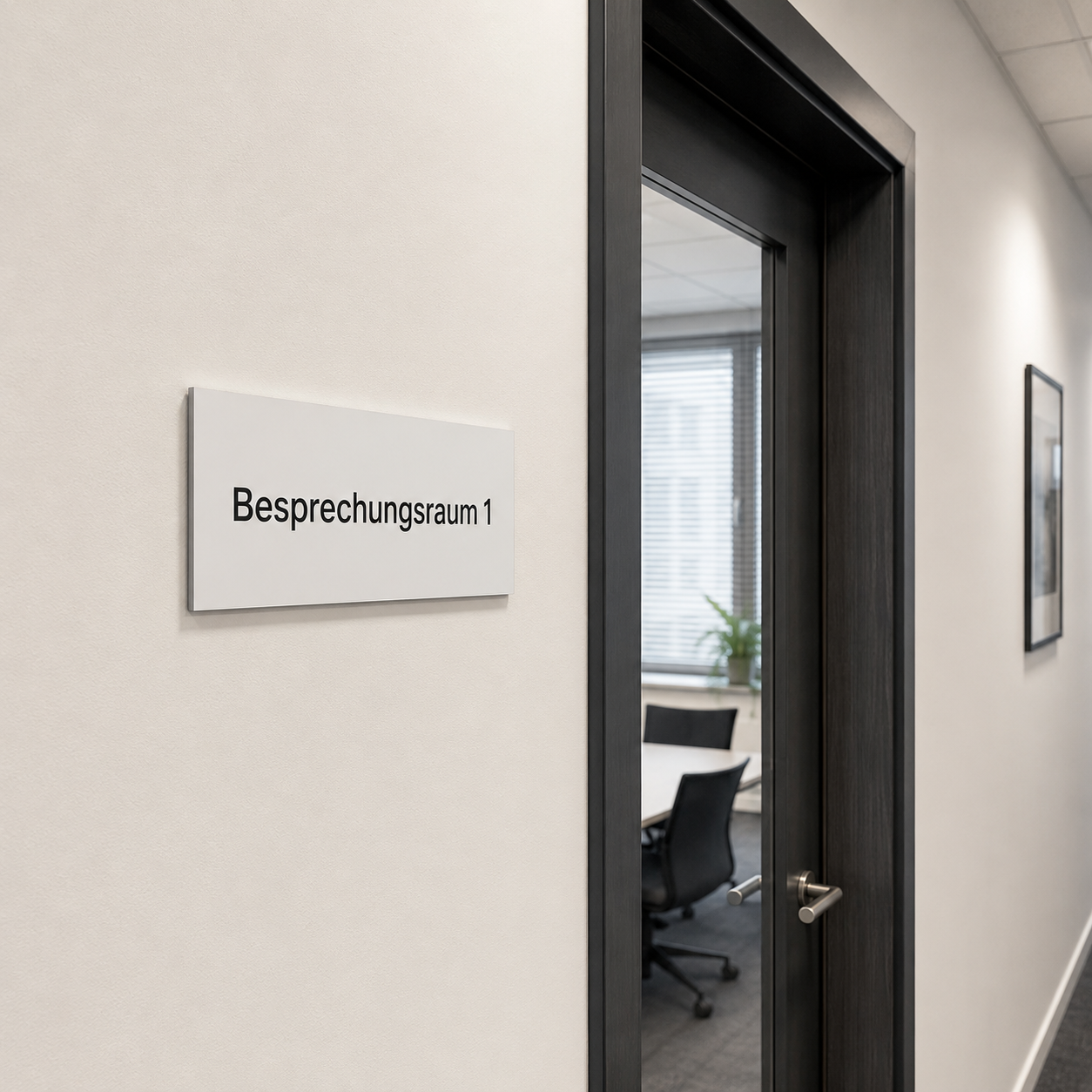 Tür mit Glasfenster zu einem Besprechungsraum, Schild daneben mit der Aufschrift "Besprechungsraum 1".