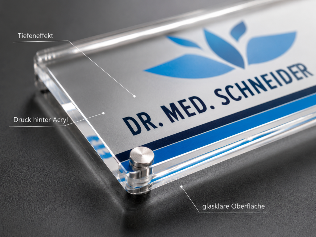 Acrylschild mit Logo und Schriftzug DR. MED. SCHNEIDER, beschriftet mit Tiefeneffekt und glasklarer Oberfläche
