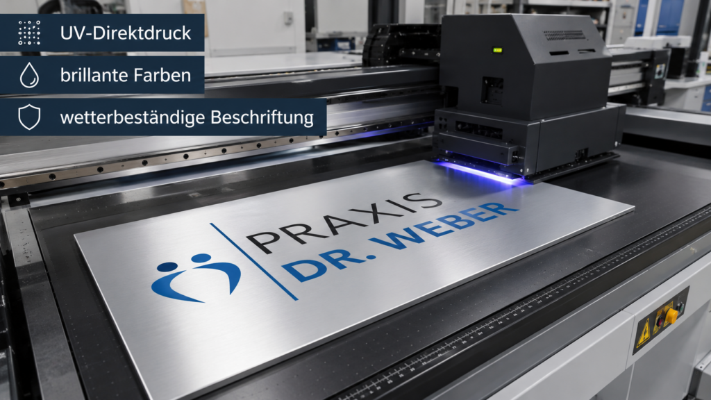 UV-Direktdruck auf Metallplatte: Praxis-Schild "PRAXIS DR. WEBER" in Schwarz und Blau wird von großem Flachbettdrucker belichtet.