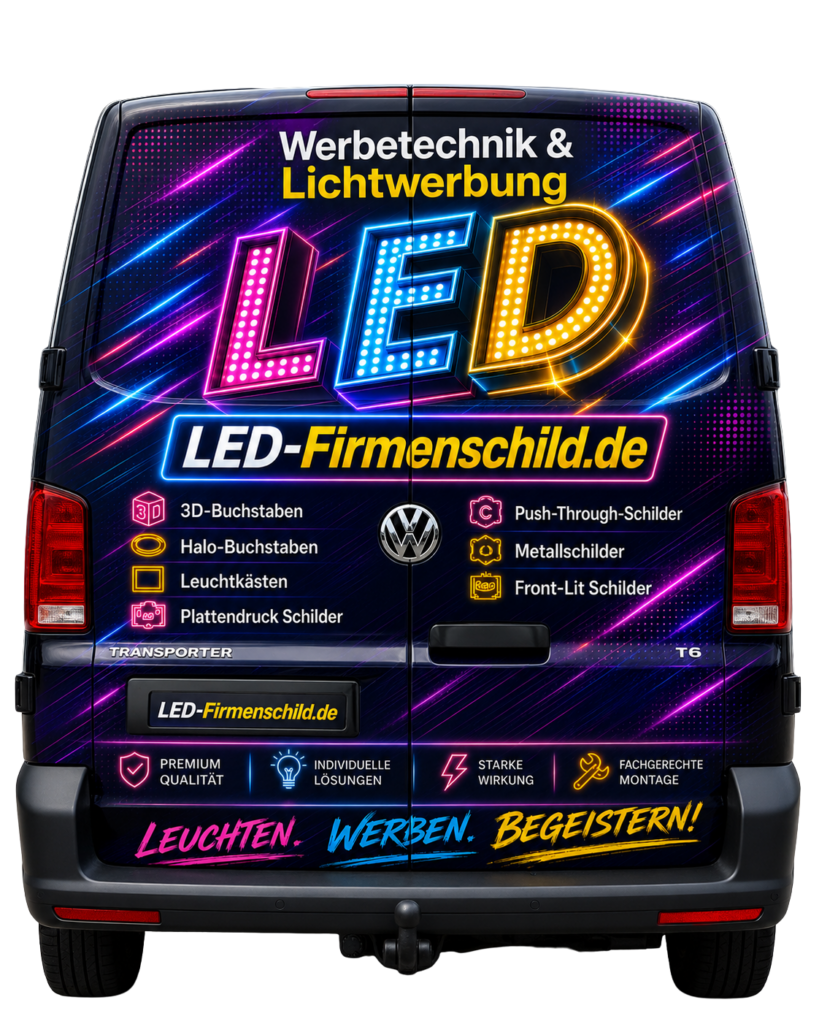 Heckansicht eines Transporters mit bunter LED-Werbebeklebung, großem leuchtenden "LED"-Schriftzug und Firmeninfos.