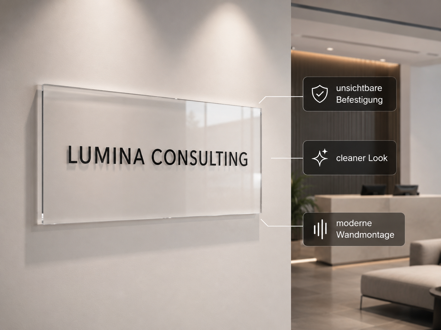 Moderne Acryl-Wandtafel mit „LUMINA CONSULTING“ und Hinweisen zu unsichtbarer Befestigung, cleaner Look und Wandmontage
