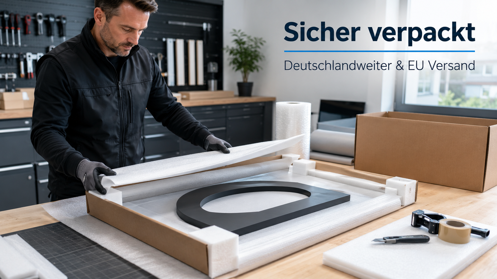 Mann verpackt schaumgepolstertes schwarzes Schild in Karton auf Werkbank, Rollen Luftpolsterfolie und Packmaterial im Hintergrund, Schriftzug "Sicher verpackt".