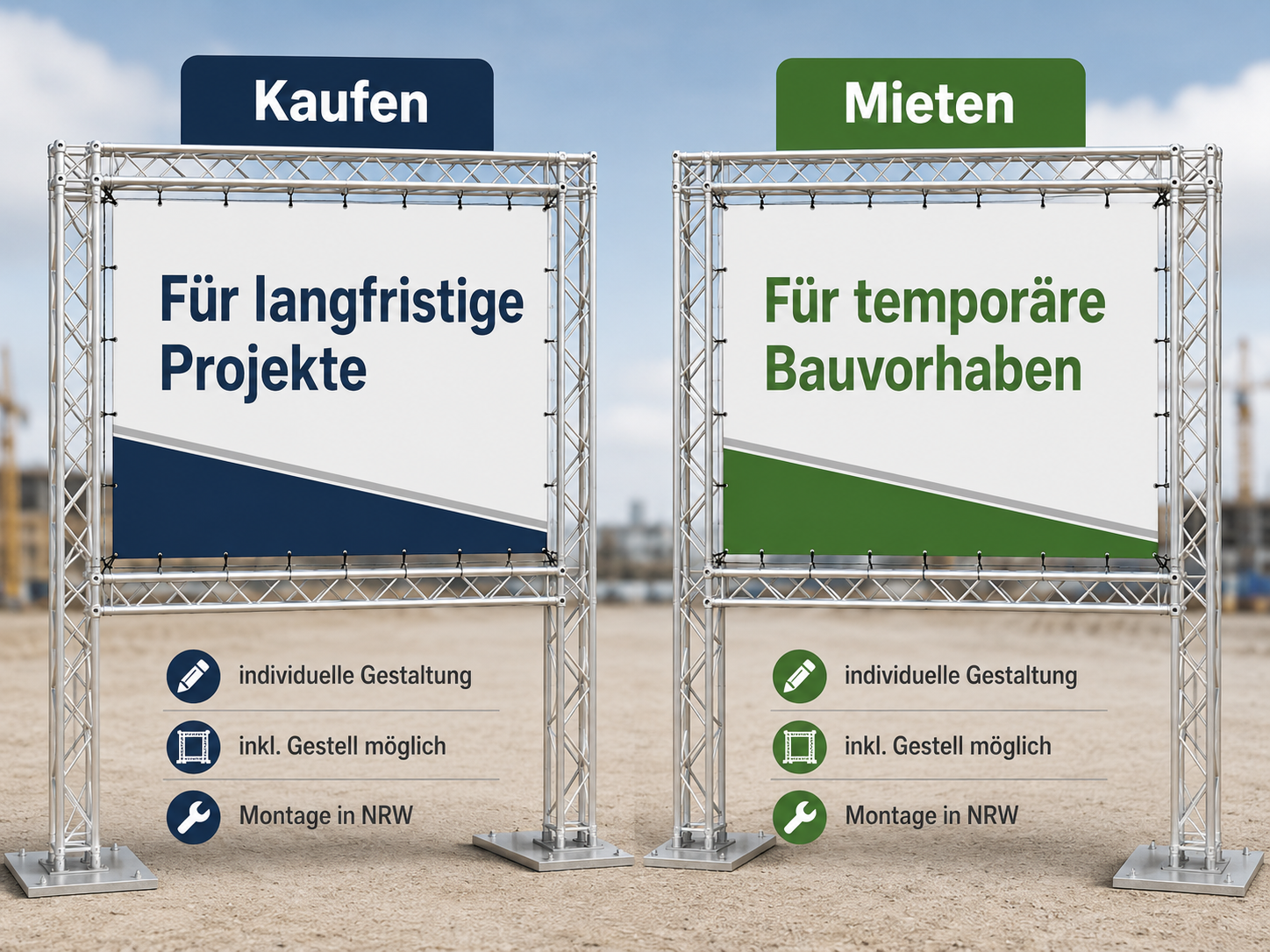Zwei stehende Werbebanner auf Metallgestellen vor Baustelle; links blaues Schild "Kaufen – Für langfristige Projekte", rechts grünes Schild "Mieten – Für temporäre Bauvorhaben" mit Icons und Text zu Gestaltung, Gestell und Montage.