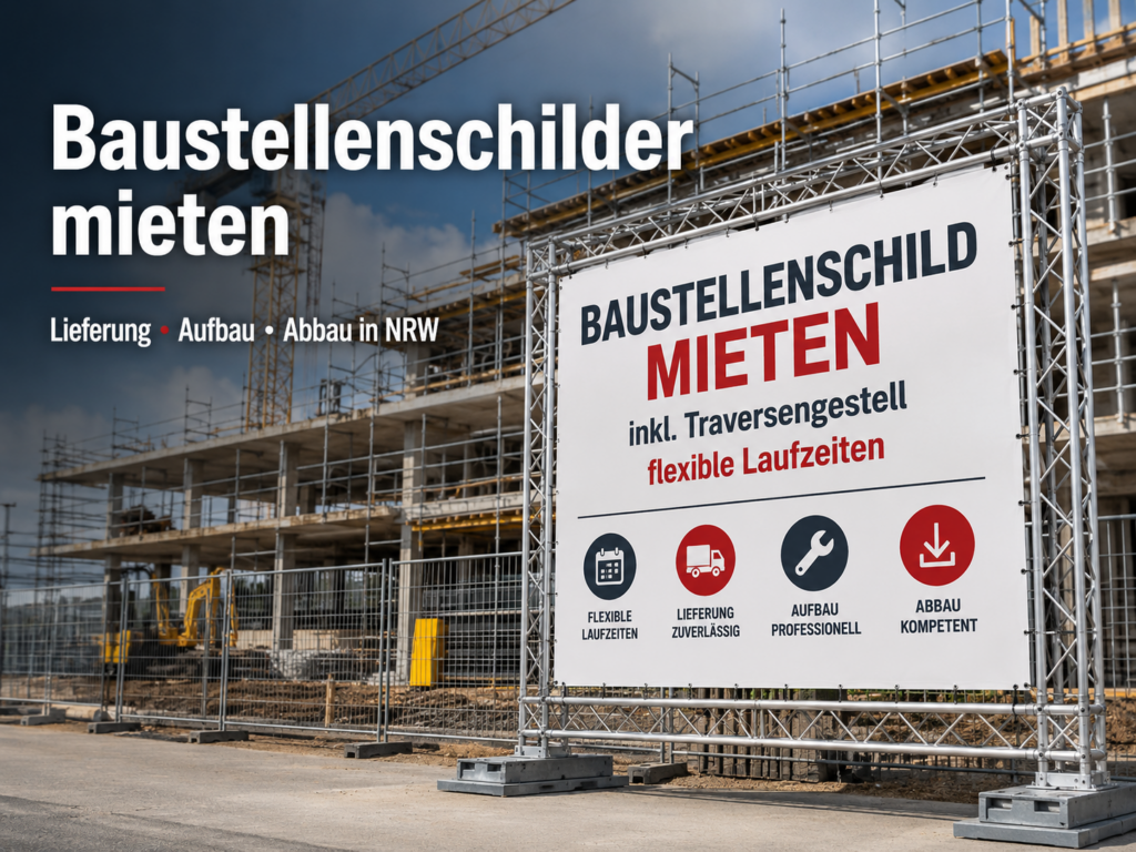 Großes Baustellenschild an einem Bauzaun vor mehrstöckiger Baustelle mit Gerüsten, Text "Baustellenschild mieten" und Icons zu Serviceleistungen.