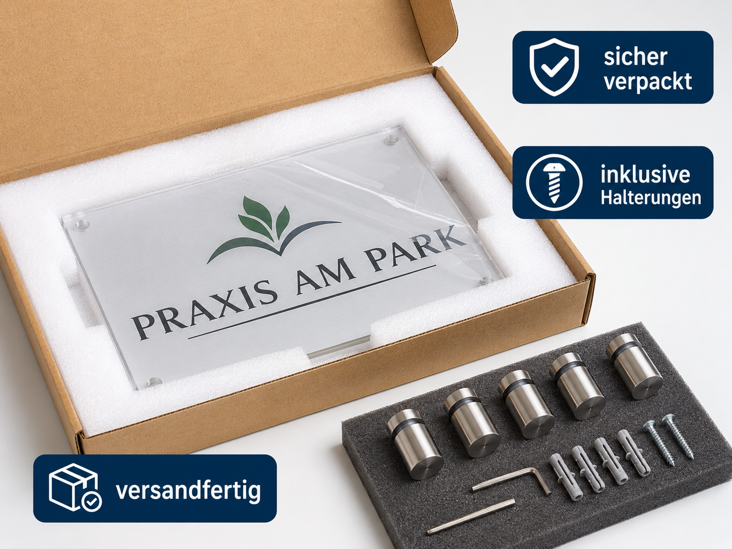 Verpacktes Praxisschild im Karton mit Befestigungsmaterial und Hinweisen zu sicherer Verpackung, Halterungen und Versandfertig