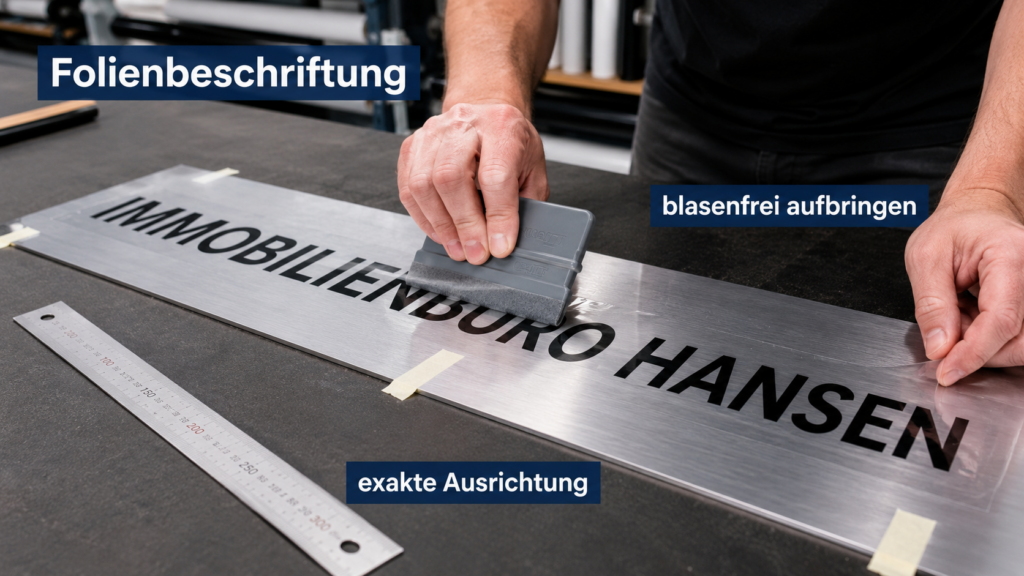 Hand eines Mannes befestigt schwarze Folienbuchstaben "IMMOBILIENBÜRO HANSEN" auf einer gebürsteten Metallplatte mit Rakel, Lineal und Markierungstape sichtbar.