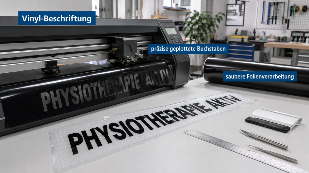 Großformat-Folienplotter, auf Tisch ausgeschnittene schwarze Schrift "PHYSIOTHERAPIE AKTIV" und Werkzeuge für Folienverklebung im Werkstattumfeld.