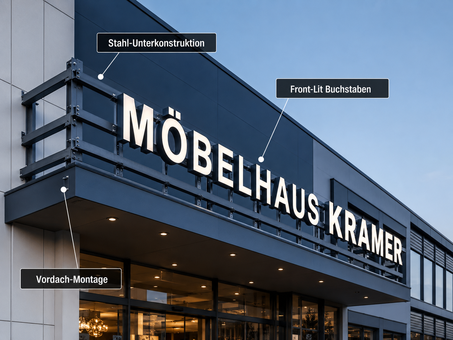 Moderne Möbelhaus-Fassade mit beleuchtetem Schriftzug und Beschriftungen zu Stahl-Unterkonstruktion, Front-Lit-Buchstaben und Vorfach-Montage