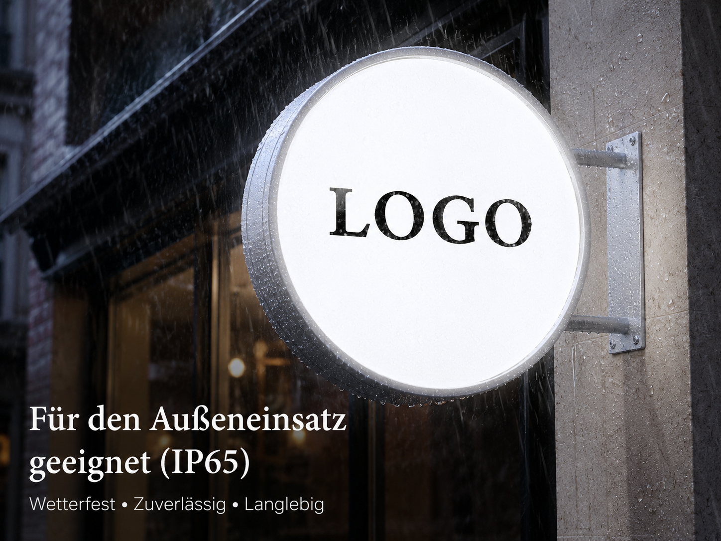 Rundes, beleuchtetes Laden-/Firmenschild mit schwarzem Schriftzug "LOGO", montiert an einer nassen Außenwand bei Regen, IP65-Hinweis im Bild.