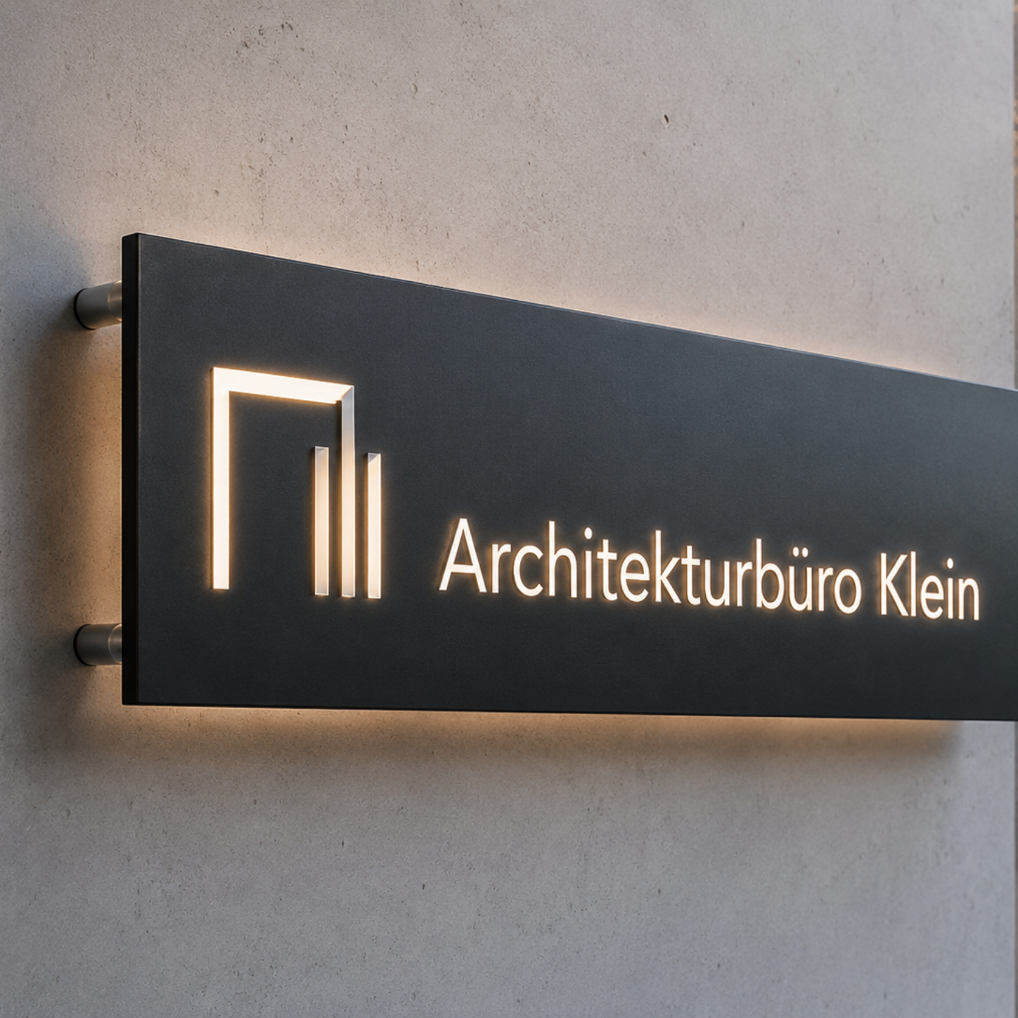 Schwarzes, leuchtendes Firmenschild an Hauswand mit minimalistischer Gebäude-Ikone und Text „Architekturbüro Klein“.
