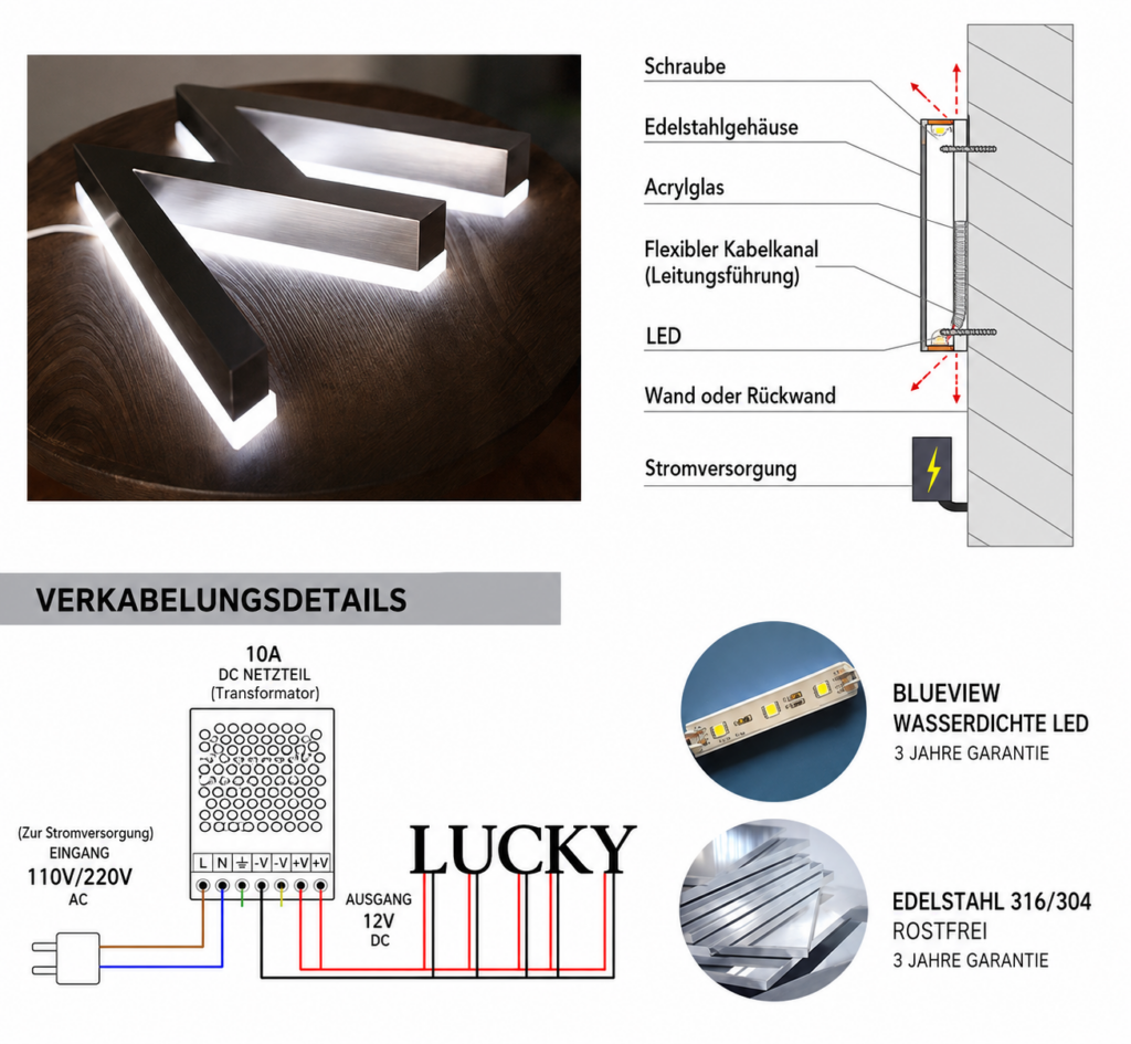 Dreieckige, leuchtende Edelstahlbuchstaben auf Holztisch links; rechts Montagequerschnitt, Beschriftungen zu Schraube, Edelstahlgehäuse, Acrylglas, LED und Stromversorgung sowie Schaltplan für 12V-DC-Netzteil und LED-Streifen.