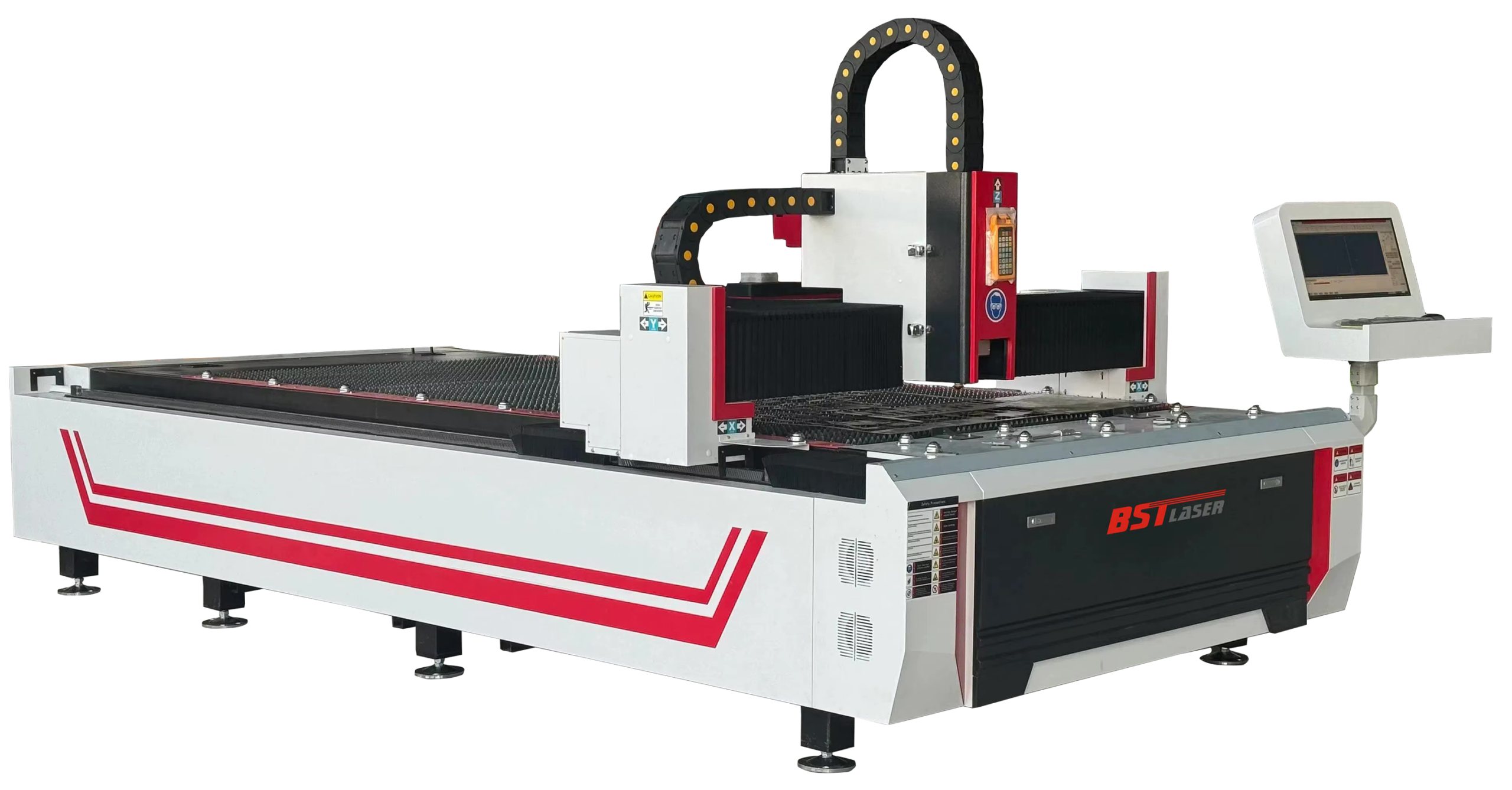 Große industrielle CNC-Laserschneidmaschine in Weiß mit roten Akzenten, beweglichem Schneidkopf und Steuerkonsole mit Monitor.