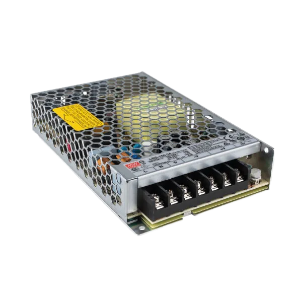 Kompaktes Schaltnetzteil in Metallgehäuse mit sechseckiger Lüftungsperforation, Anschlussterminalblock und gelbem Warnaufkleber.