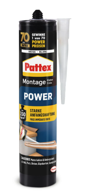 Kartuschenkleber Pattex Montage Power weiß mit Aufsatzdüse, Verpackung zeigt Markenlogo und Hinweis auf starke Anfangshaftung.