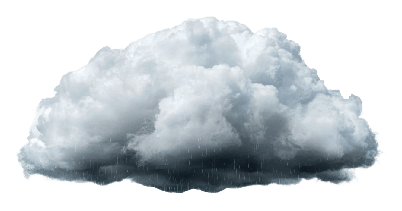 Große dunkle Regenwolke mit dichten, bauschigen Konturen und fallenden Regentropfen vor schwarzem Hintergrund